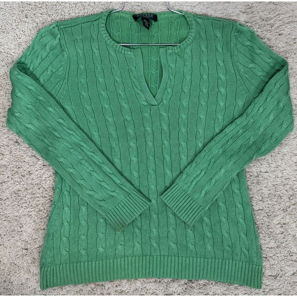 Lauren Ralph Lauren Kelly Green Cable Knit Cotton Blend V Neck Sweater‎ Size PL